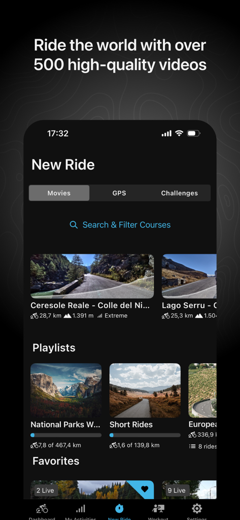 Interface of the Tacx Training app showing various virtual cycling video routes and playlists