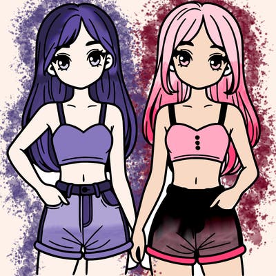 two sisters with crop tops and jean shorts and straight hair