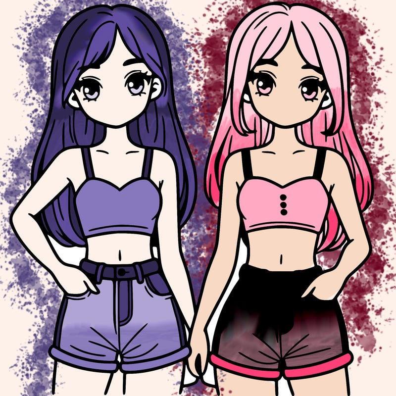 two sisters with crop tops and jean shorts and straight hair