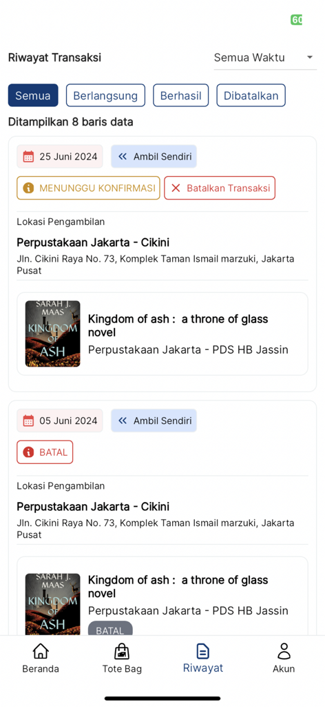 Jaklitera app interface showing the transaction history screen with library book reservation statuses