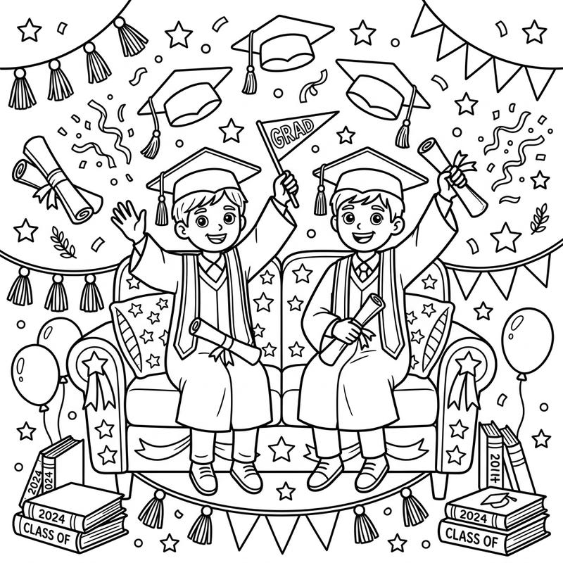 Commemorate a special milestone with this heartwarming graduation coloring page featuring two happy graduates on a loveseat. It's the perfect way to celebrate achievement and future aspirations through creative coloring.