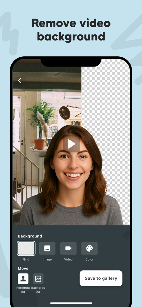 Video Background Changer Proアプリのインターフェース。人物の動画から自動的に背景を削除している様子が表示されている。