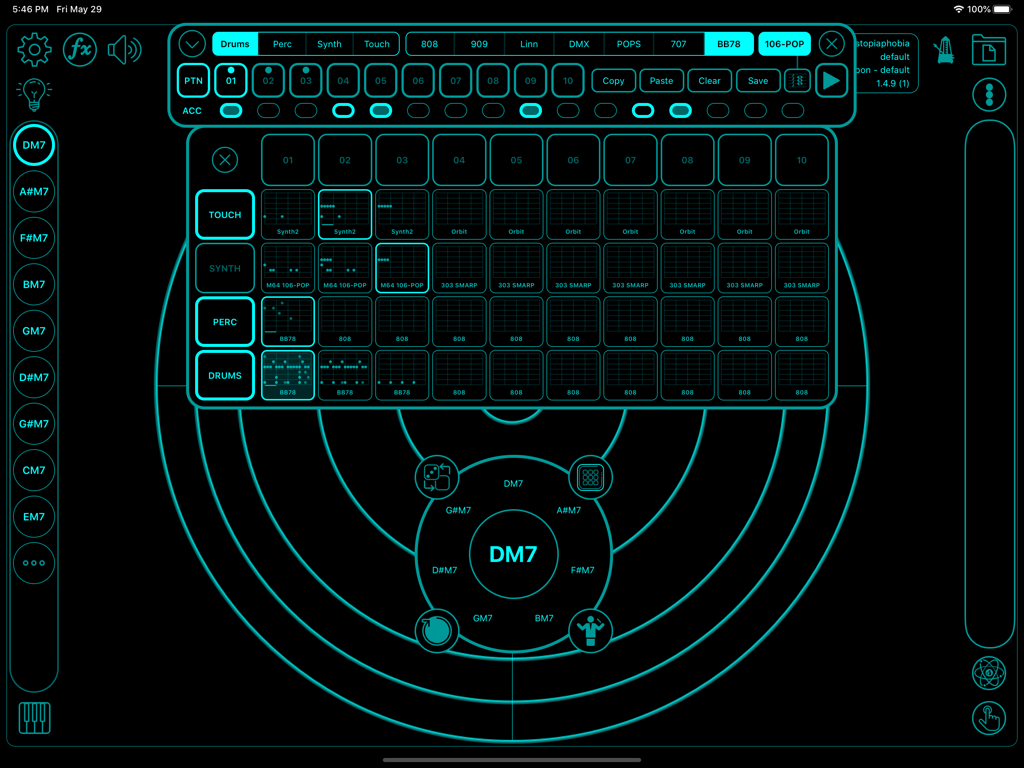 Touchscaper iPad app interface showing the jam grid sequencer and radar touch surface with neon cyan styling