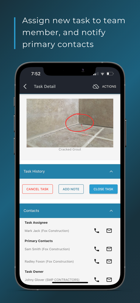 Simpel - Simpel app screen showing task details with a photo markup of cracked grout and a list of project contacts and assignees.