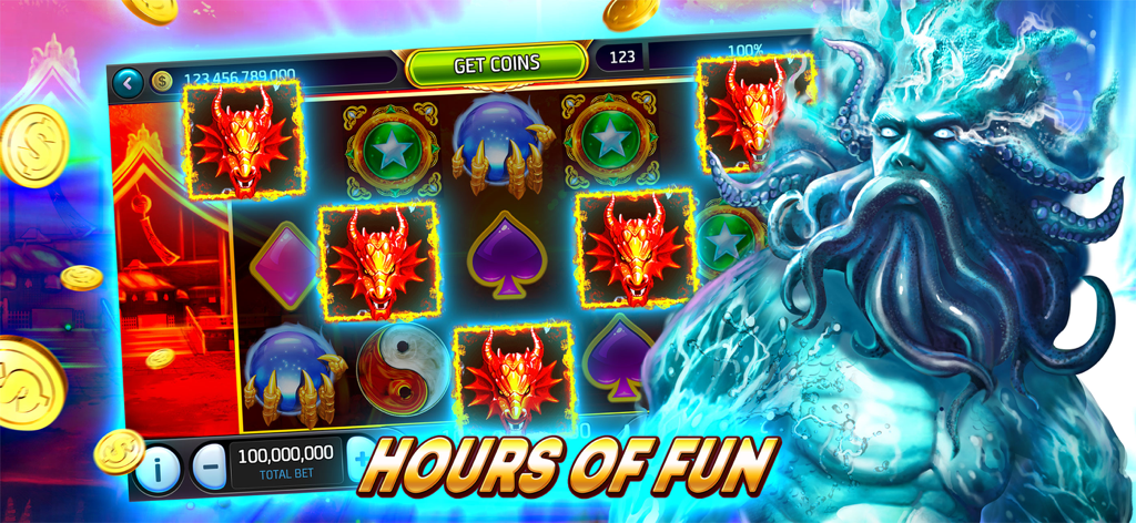Eon Slots Vegas gameplay featuring a mythical sea god character and dragon head symbols.