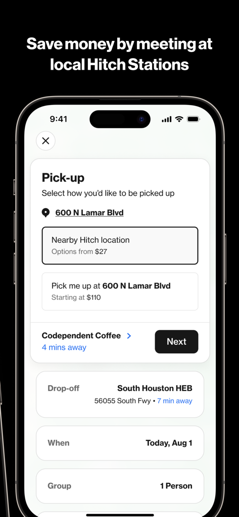Hitch - City-to-City Rideshare - Hitch mobile app screen showing options for selecting a pickup location and saving money at local stations