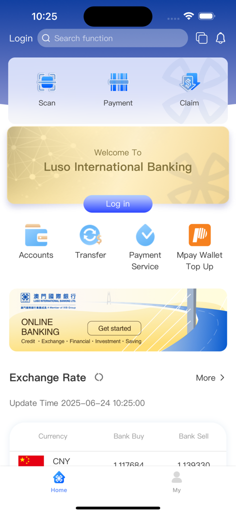 Home screen of the Luso International Banking mobile app featuring account services and currency exchange rates.
