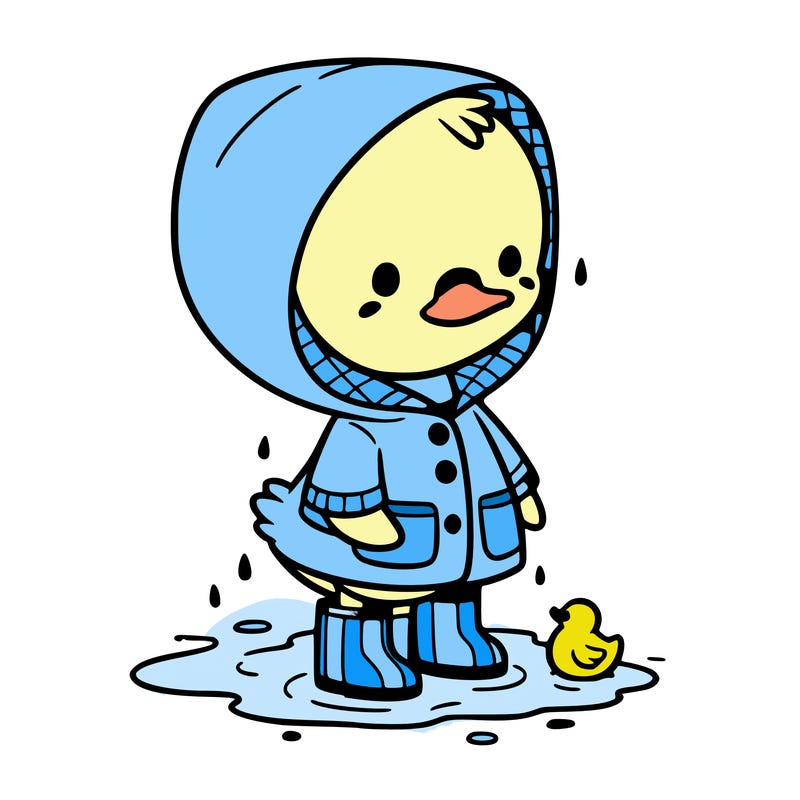 baby duck in a rain coat and boots, in a puddle while it’s raining