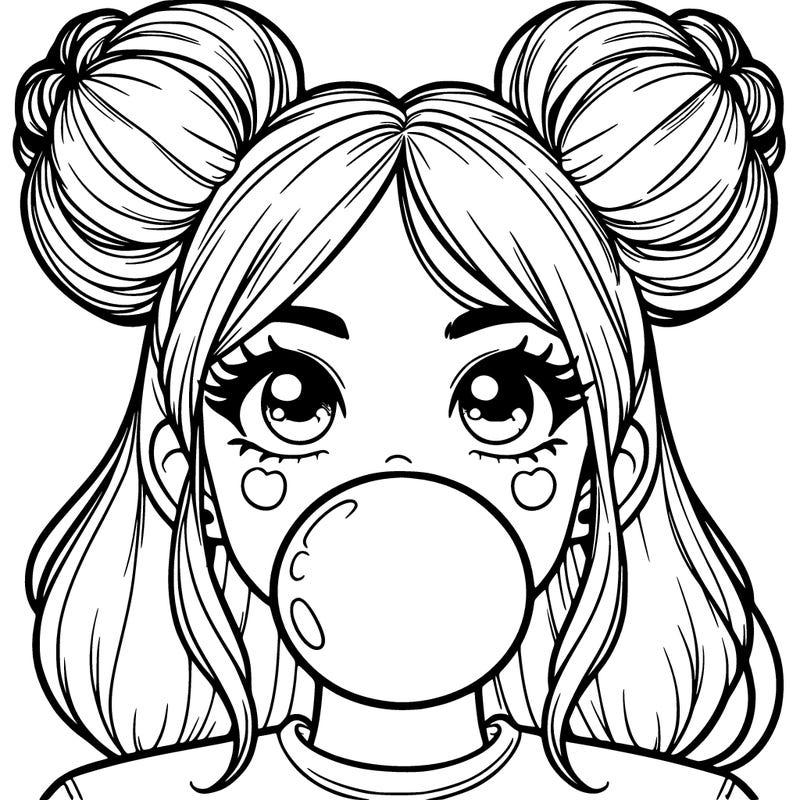 girl with space buns blowing bubblegum