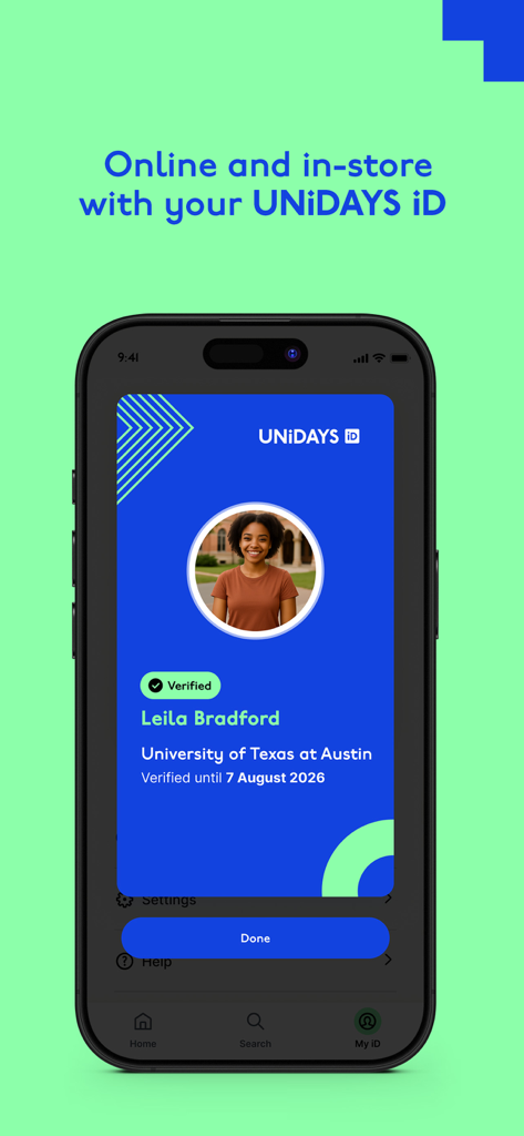 A mobile phone displaying a verified UNiDAYS digital student ID for a student at the University of Texas at Austin.