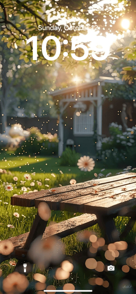 Aesthetic Wallpaper: MoodyWall - Fondo de pantalla estético de bloqueo que muestra un jardín soleado y una mesa de picnic