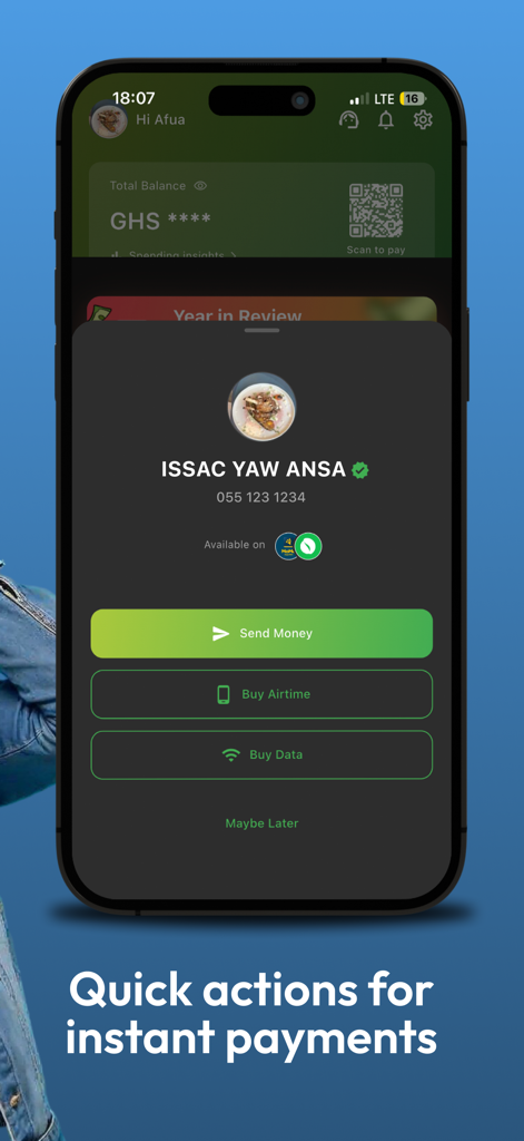 KOWRI - KOWRI app interface displaying quick actions for sending money and buying airtime for contacts