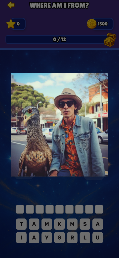 Quiz: What Country Am I From? - A man with a hat and a large bird on a street in the Quiz What Country Am I From mobile game