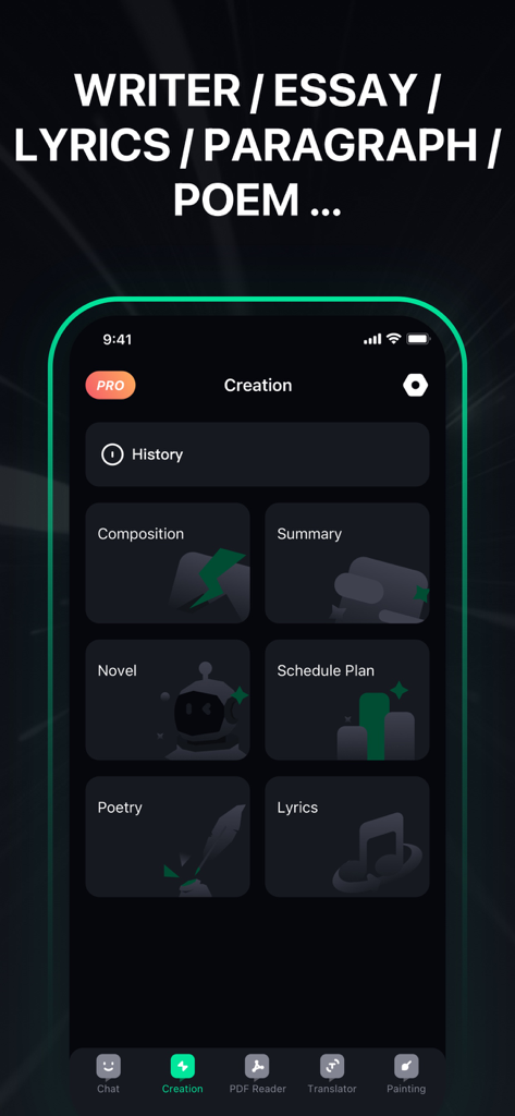 Chatify - AI Chat - Chatify AI app interface showing creative writing tools for essays novels and lyrics