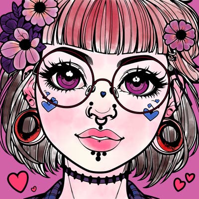 close-up portrait of a femme woman with a nose ring, punk hair, glasses, wide eyes, hearts, anime, flowers in hair