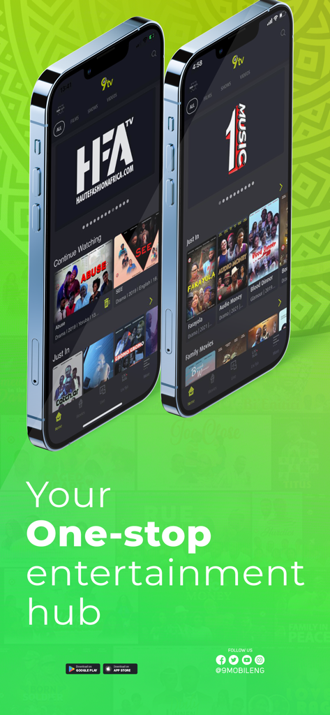 9TV - Interface de l'application 9TV sur deux smartphones montrant divers films et contenus musicaux nigérians