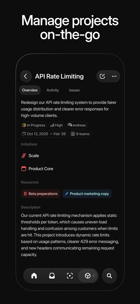Interfaz de gestión de proyectos de Linear Mobile que muestra detalles de la tasa de limitación de API