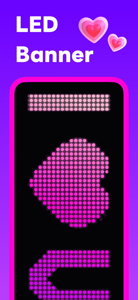 Una pantalla de smartphone que muestra un corazón rosa y la letra U renderizados en un estilo de matriz de puntos LED digital