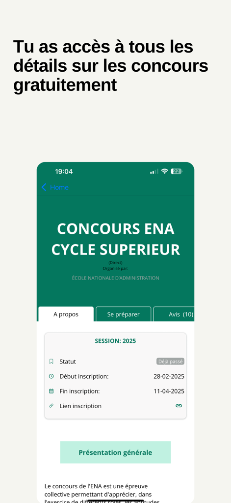 Concours Hub - Interface de l'application Concours Hub montrant les détails et les dates d'inscription pour le concours de l'ENA.