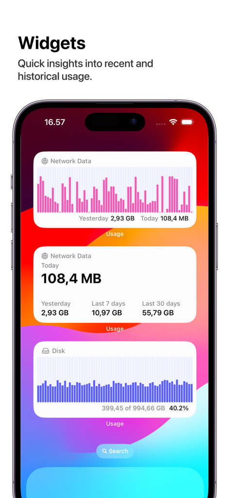 Widgets de l'application Usage sur un écran d'iPhone affichant des graphiques de données réseau et d'utilisation de l'espace disque.