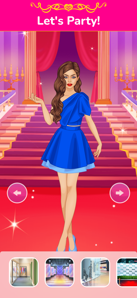 Dress Up Games: Doll Studio - A doll character in a blue party dress with various background choices