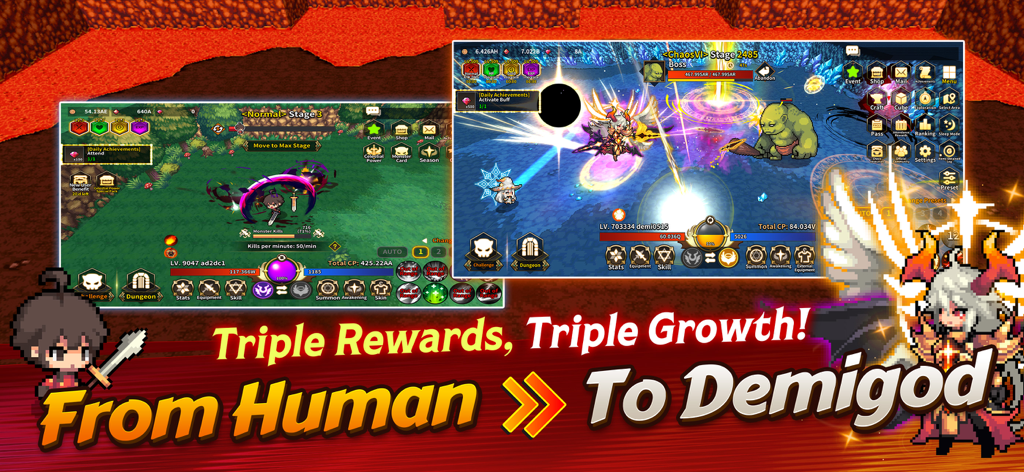 Demigod Idle: Rise of a legend - A side by side comparison of character growth from a basic human to a powerful winged demigod in battle