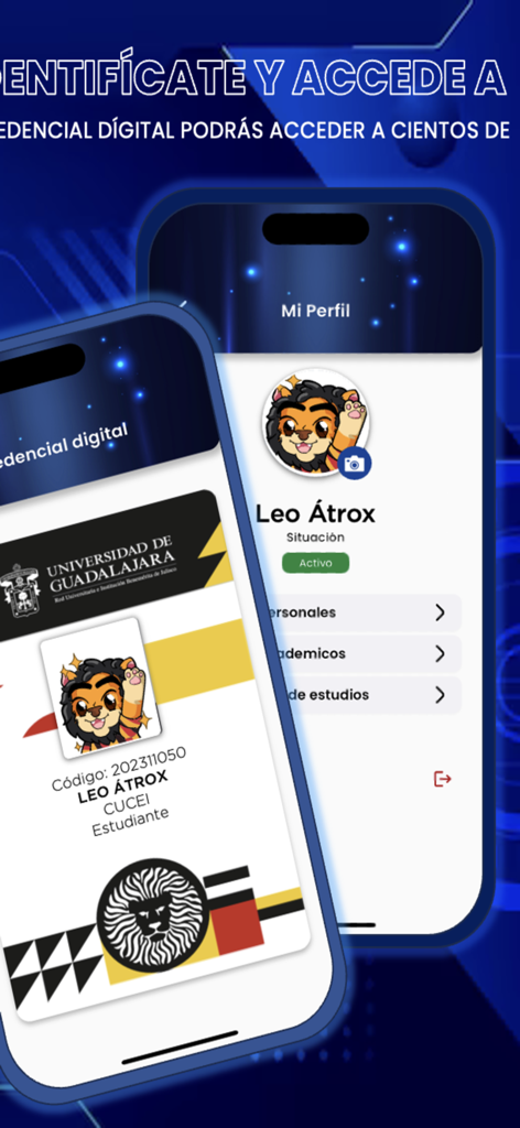 LEO UdeG - Digital student identification card and profile interface within the LEO UdeG mobile application