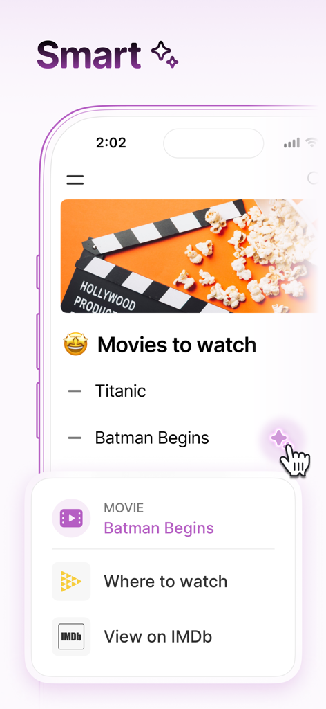 Twos: Get Things Off Your Mind - Twos app Smart feature showing AI suggestions for movie lists including streaming info and IMDb links