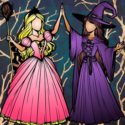 detailed realistic split of a princess and a witch