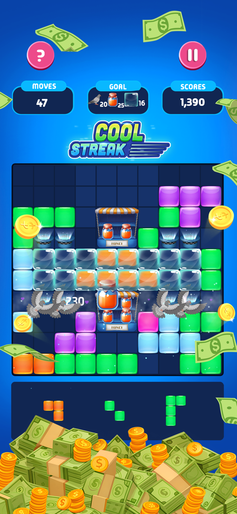 Blocks Blast: Win Real Money - A screenshot of Blocks Blast gameplay showing a block puzzle grid with goals and cash rewards