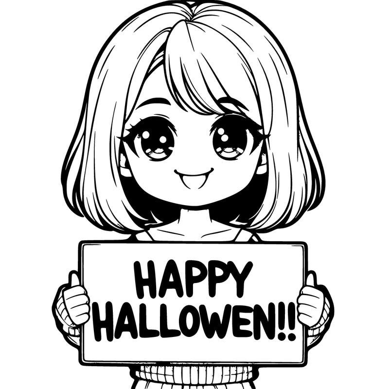 realistic girl holding a sign that says happy halloween!!! and is really happy