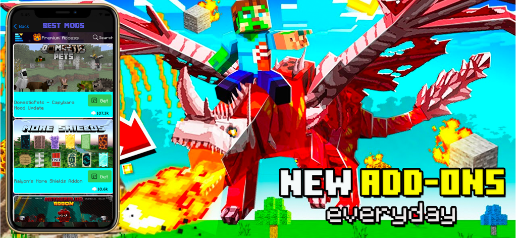 Una interfaz móvil para addons de Minecraft MCPE que muestra a un jugador montando un dragón rojo que escupe fuego y una lista de mods disponibles como mascotas y escudos