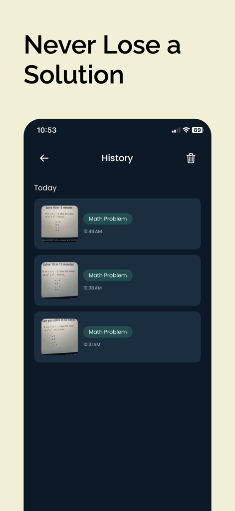 AI Math Solver Homework Helper - History screen of AI Math Solver app showing a list of recently solved math homework problems with timestamps