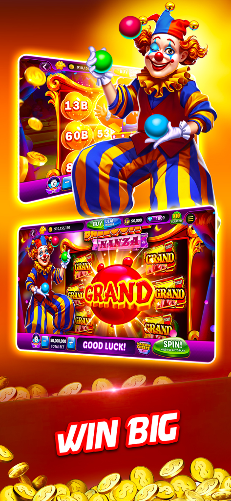 Carnival themed clown juggling balls above a Balloon Nanza slot machine game interface