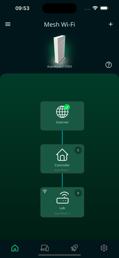 Acer Connect - Mesh Wi-Fi network topology view in the Acer Connect app showing internet connection and router controller status