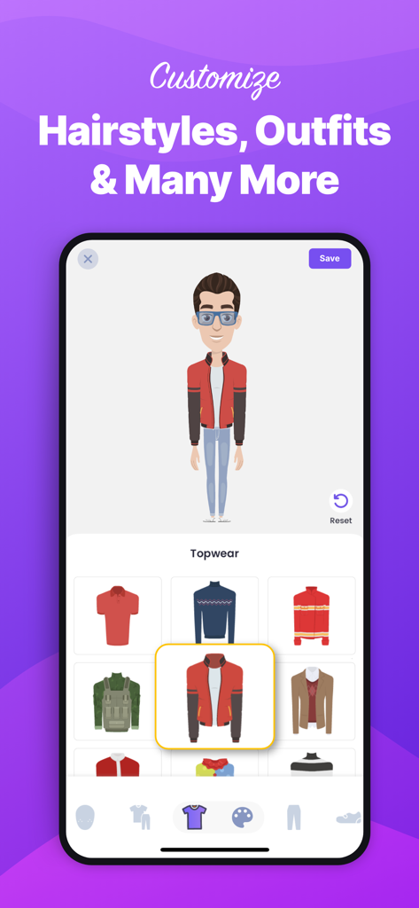 Mobile app screen showing a character creator with various outfit options for an animated avatar