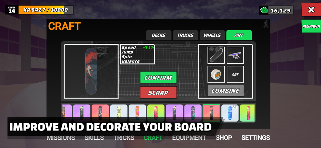Skate Life 3D - Skate Life 3D crafting interface for customizing skateboard decks and equipment.