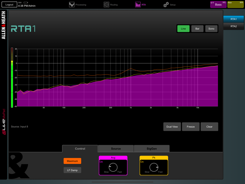 周波数スペクトルを表示するdLive MixPadアプリのリアルタイムアナライザー（RTA）インターフェース