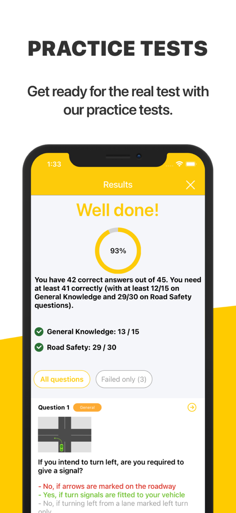 Victoria learner permit practice test results screen showing a passing score