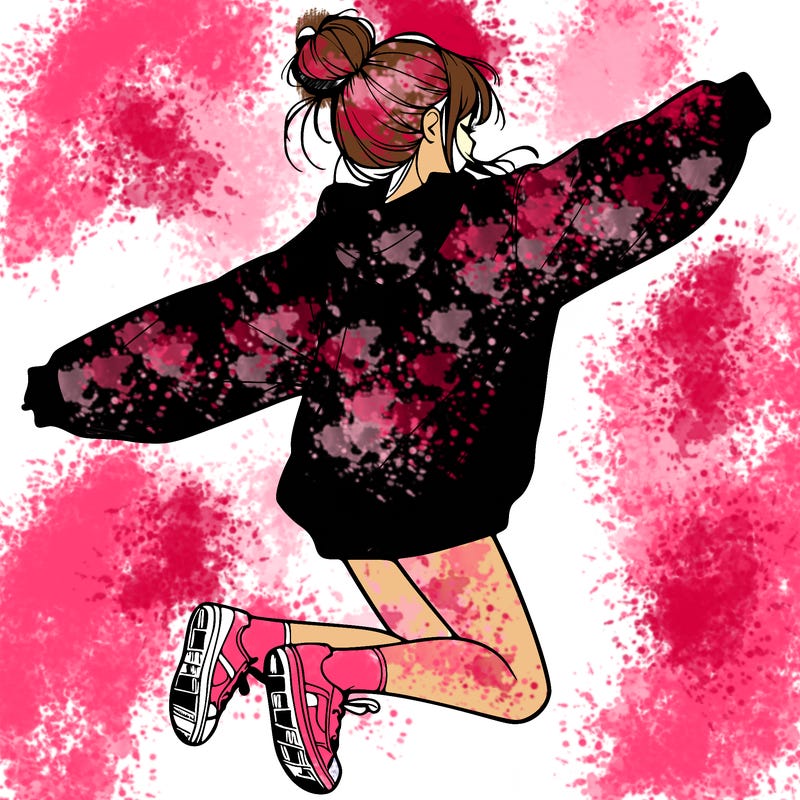 realistic girl jumping with a bun and oversized sweatshirt