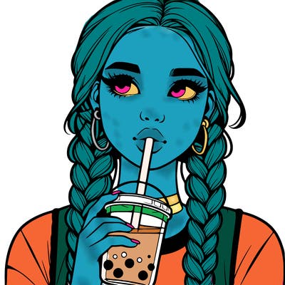 realistic girl with braided hair drinking boba