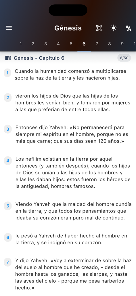 Santa Biblia Catolica Romana - Pantalla de lectura de la aplicación Santa Biblia Católica mostrando el Capítulo 6 del Génesis en español con versículos numerados.