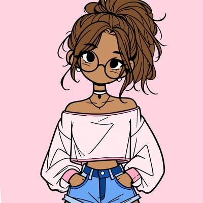 girl with a messy ponytail glasses a baggy crop top and jean shorts