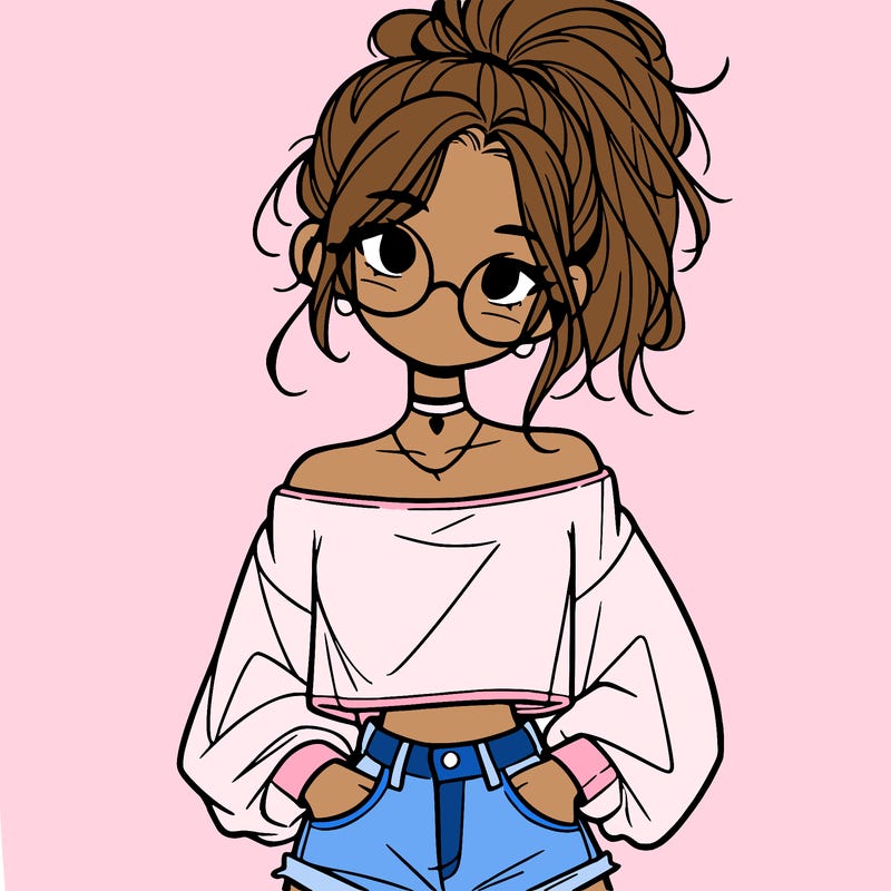 girl with a messy ponytail glasses a baggy crop top and jean shorts