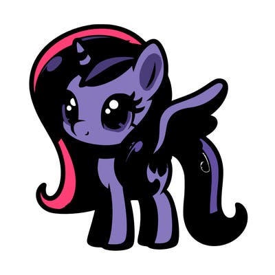 pony with horn and wings and is puple with pink blak and puple hair /