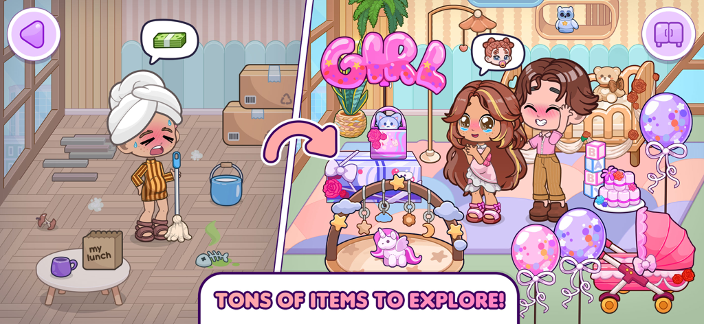 Dopples World - A comparison showing a character cleaning a room versus a fully decorated pink baby nursery in Dopples World