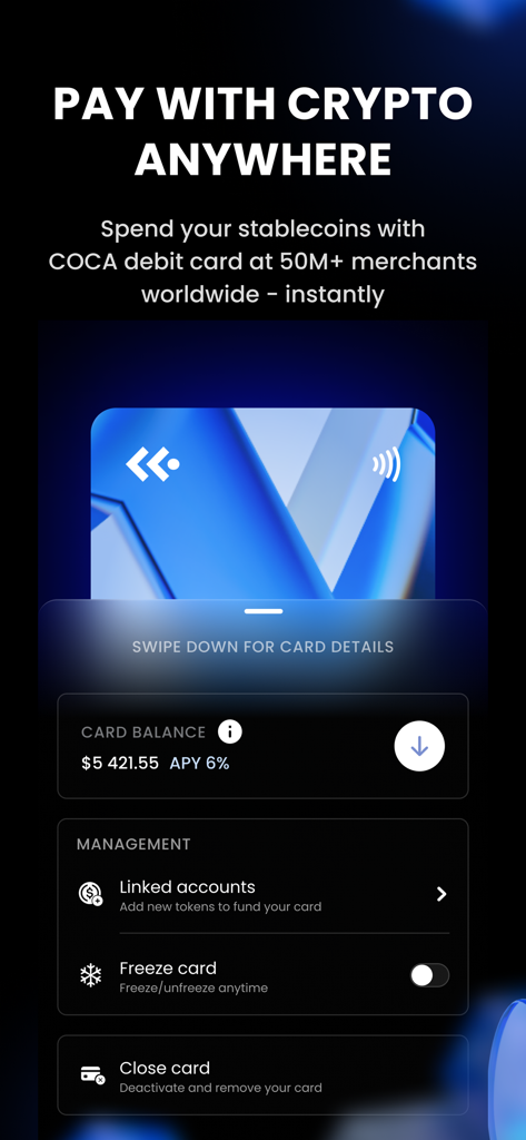 COCA: Crypto Card & Wallet - Mobile app interface of COCA showing a virtual crypto debit card and options to manage accounts and spend stablecoins anywhere.