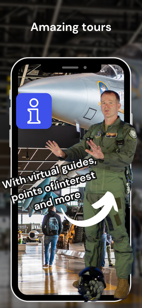 A virtual guide in a flight suit explaining a fighter jet in the Wintor AR Tours app