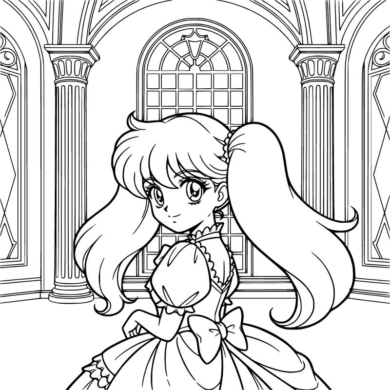 pink anime kawaii princess looking back at me with grand wall and grand window in backround