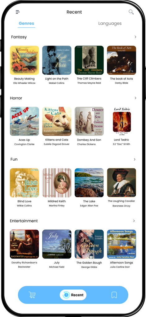 Interface of the Audiobook app showing fiction categories like Fantasy and Horror with book covers.
